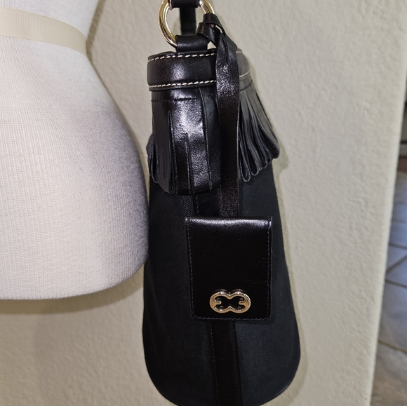 Escada Black Canvas FRINGE Leather Trim Shoulder Bag Interior Snap Closure Inter - Picture 13 of 16